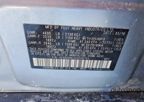 2016 Subaru Outback 2.5I Limited z USA, uszkodzony, nr VIN 4S4BSANCXG3320703